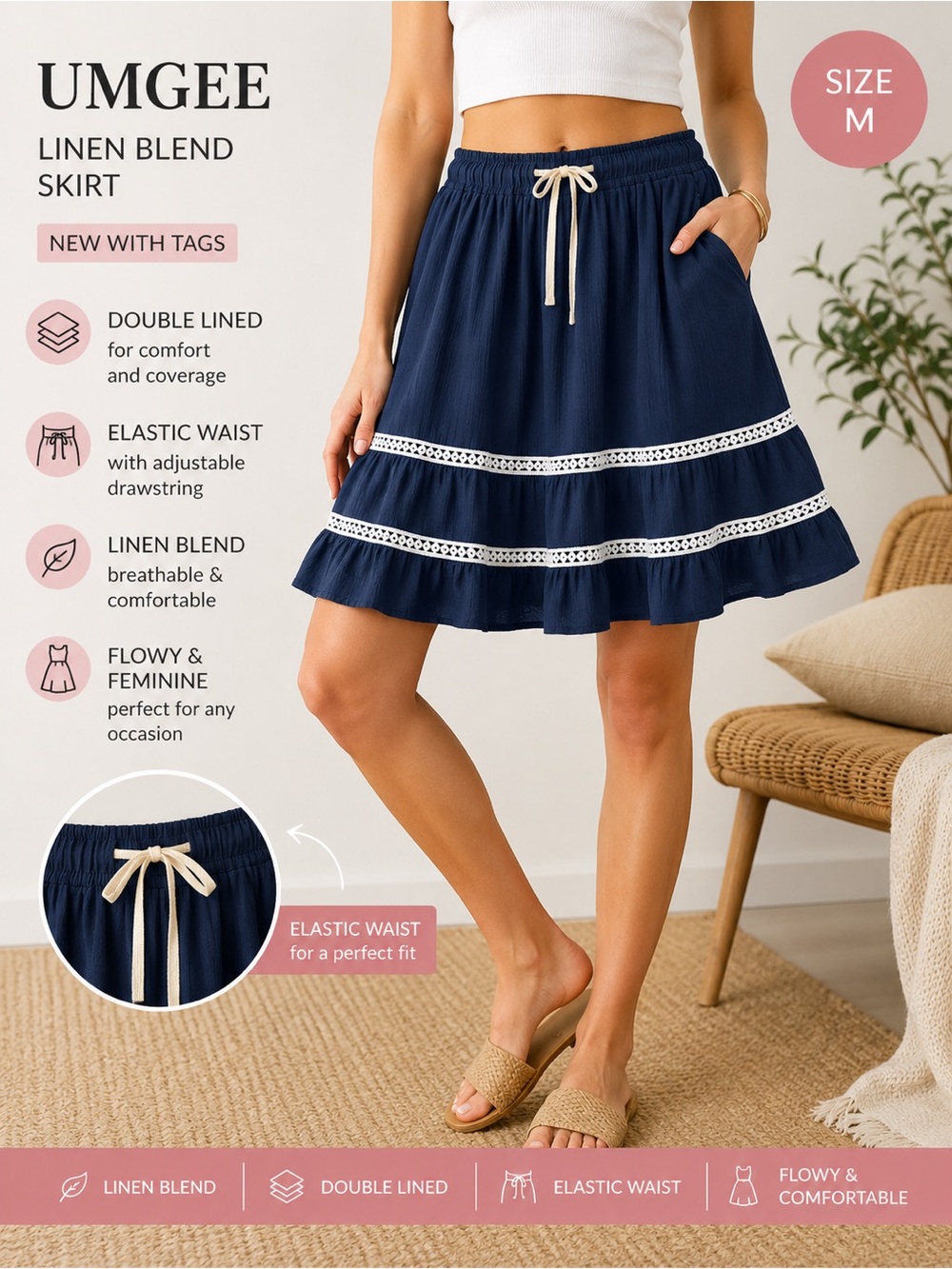 Umgee Navy Skirt with Lace Trim NWT Medium
